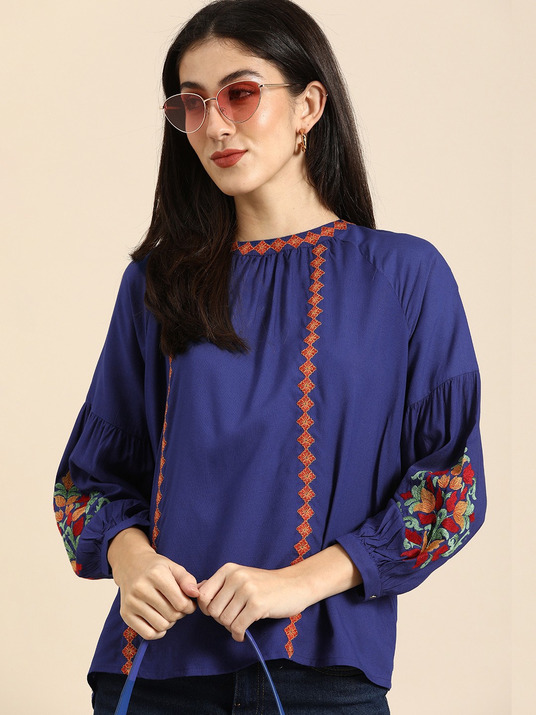 

all about you Women Blue Floral Embroidered Bishop Sleeves Boxy Top