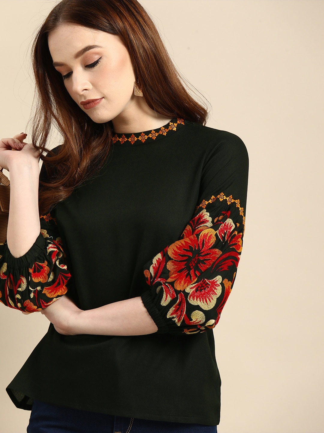 

all about you Women Black Floral Print Mandarin Collar Bishop Sleeves Top