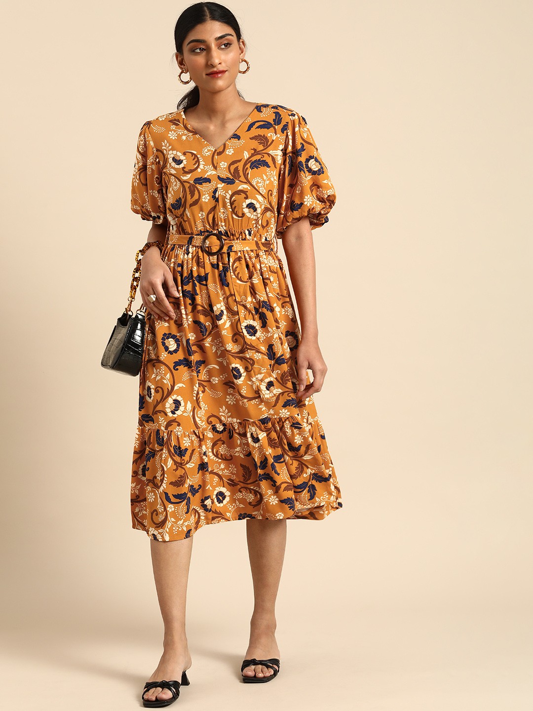 

all about you Mustard Yellow & Black Floral Printed Maxi Dress