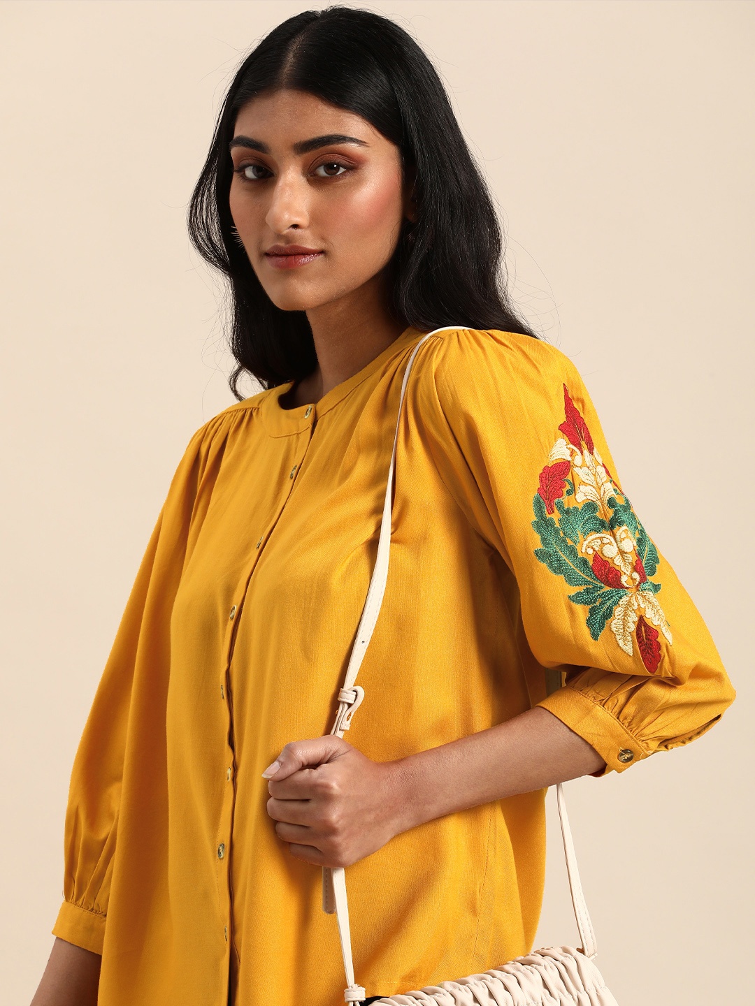 

all about you Mustard Yellow Mandarin Collar Embroidery Detail Top