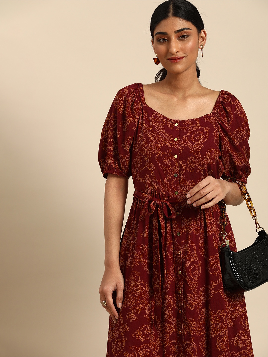 

all about you Maroon & Black Floral Printed Maxi Dress