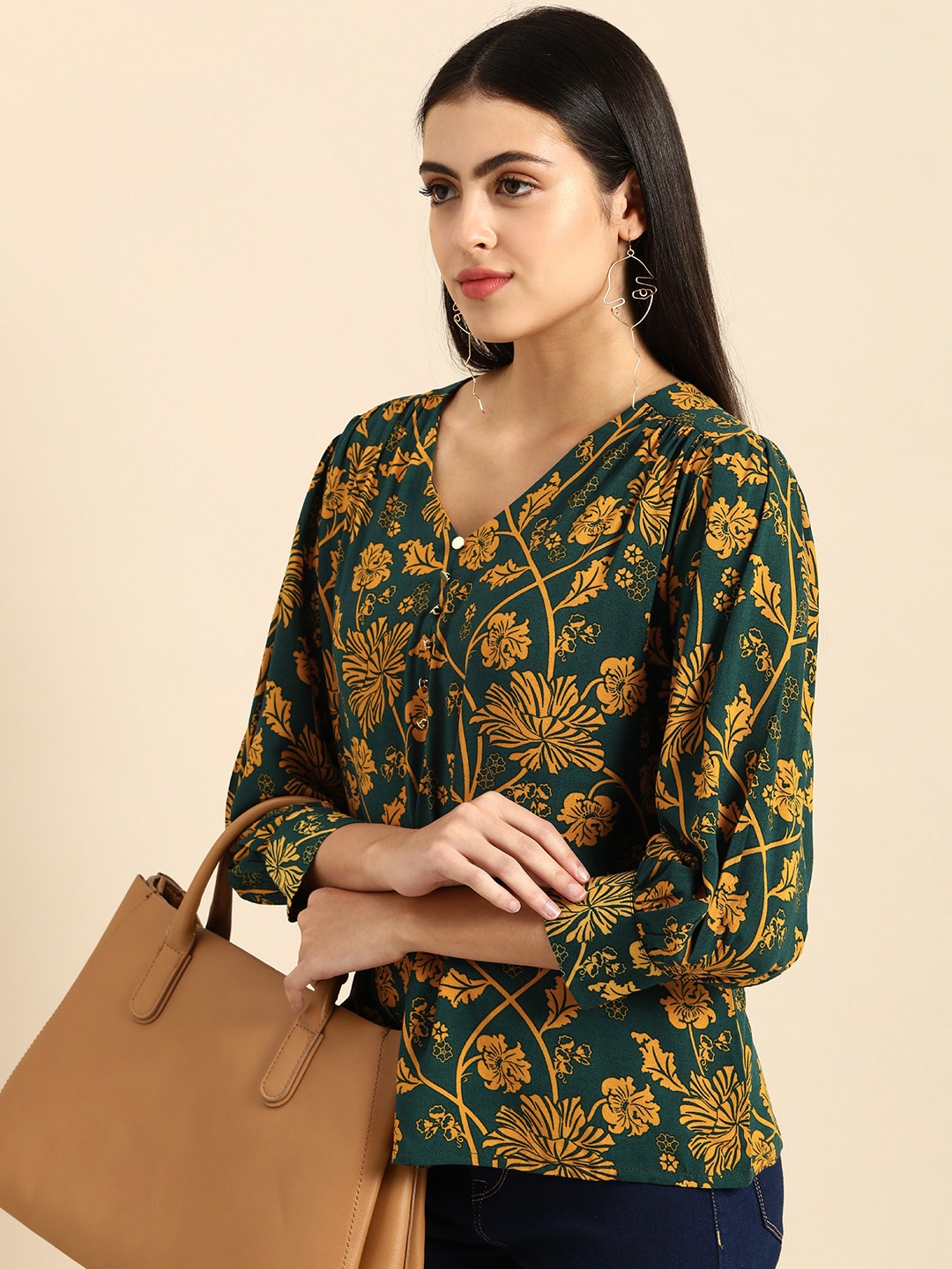 

all about you Green & Mustard Yellow Floral Print Regular Top