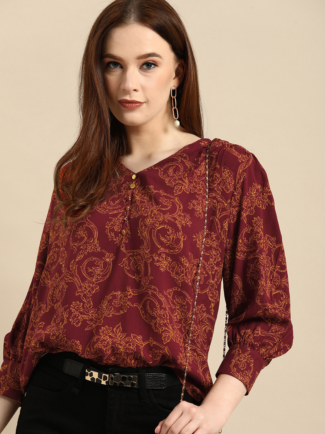 

all about you Maroon & Mustard Yellow Ethnic Motifs Printed Bishop Sleeves Blouson Top