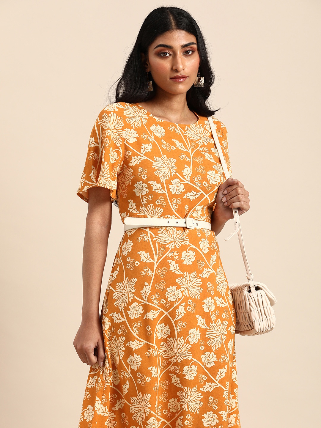 

all about you Mustard Yellow & White Floral A-Line Midi Dress