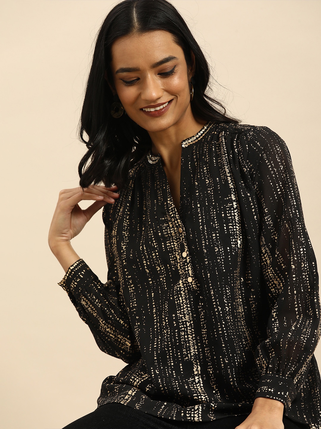 

all about you Black Print Mandarin Collar Top