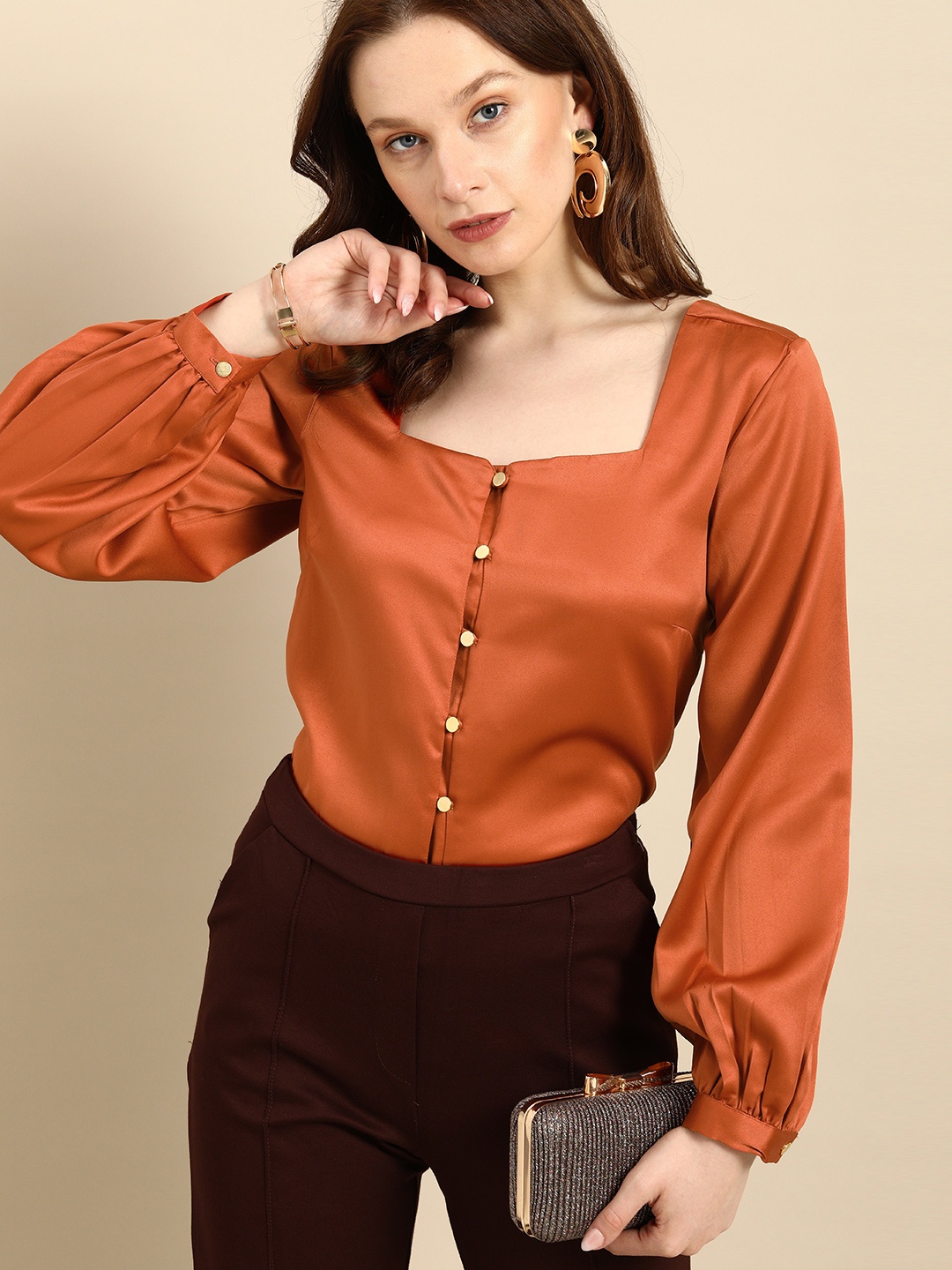 

all about you Rust Brown Solid Square Neck Cuffed Sleeves Polyester Regular Top
