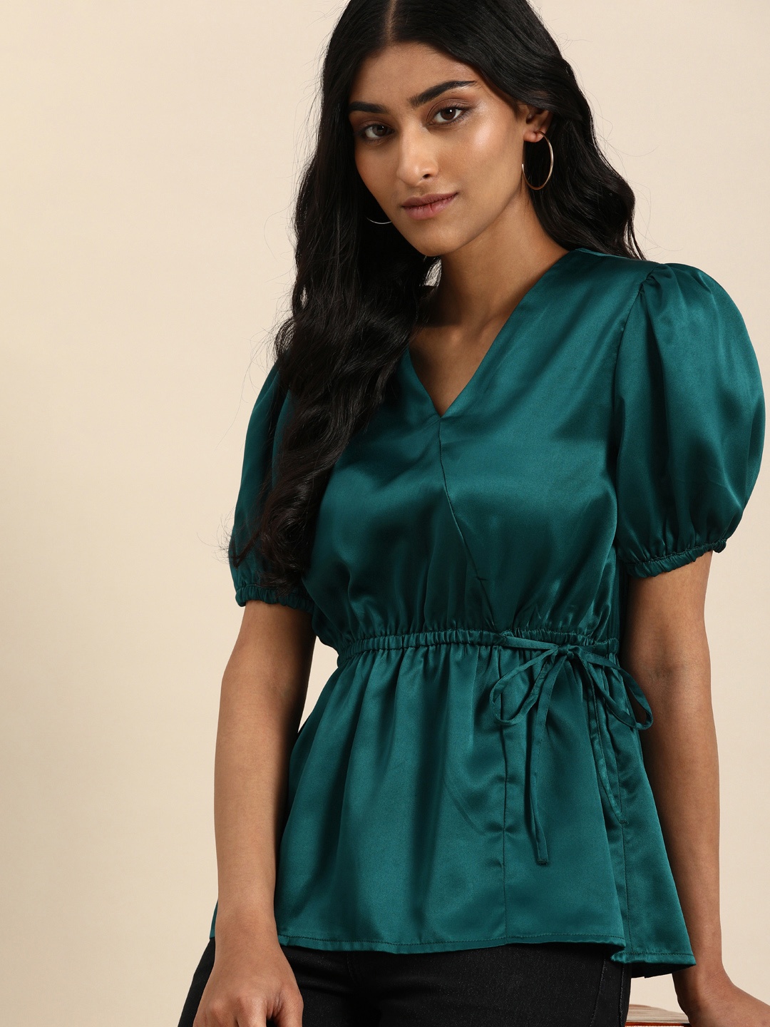 

all about you Teal Green Solid V-Neck Puff Sleeves Waist Tie-Ups Polyester Wrap Top