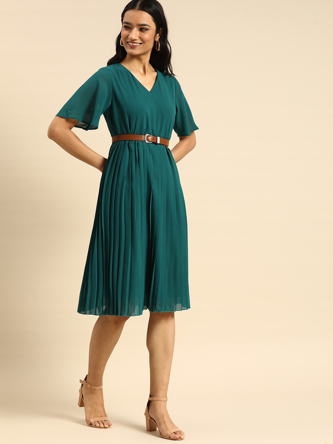 

all about you Teal Solid A-Line Flared Dress