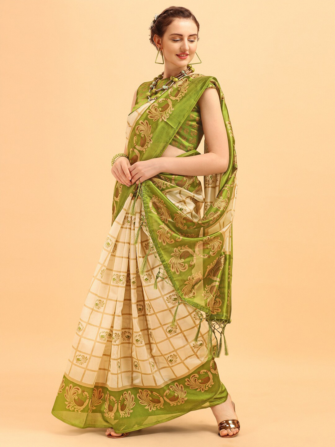 

KALINI Olive Green & White Checked Art Silk Mysore Silk Saree