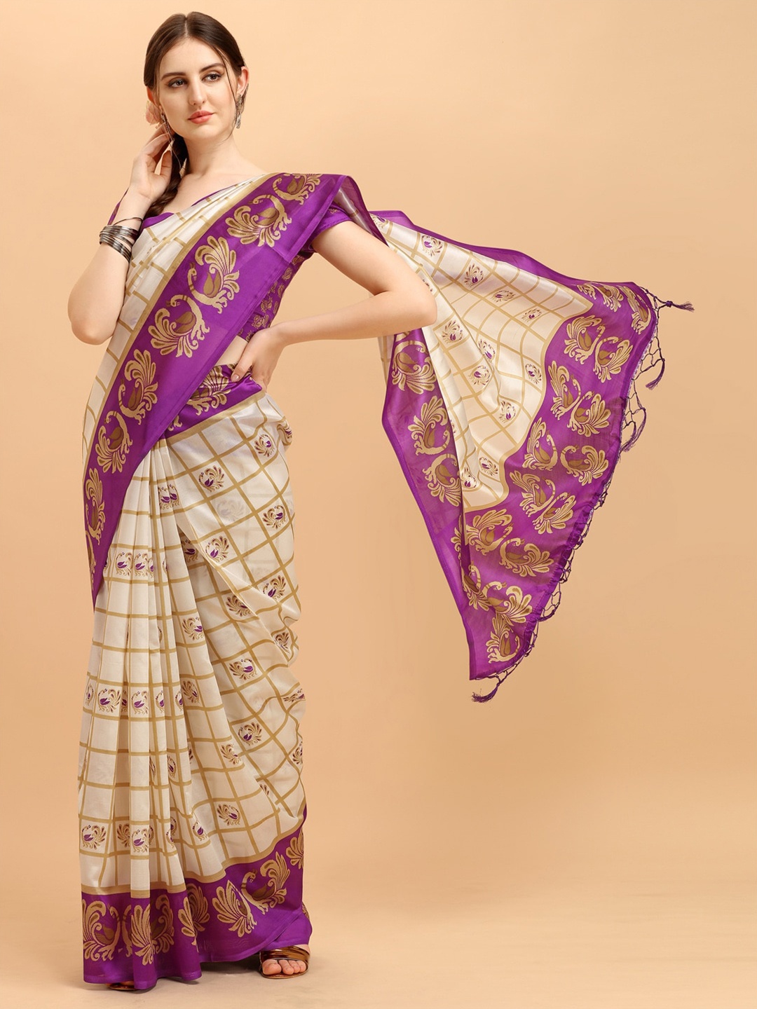 

KALINI Off White & Purple Zari Art Silk Saree