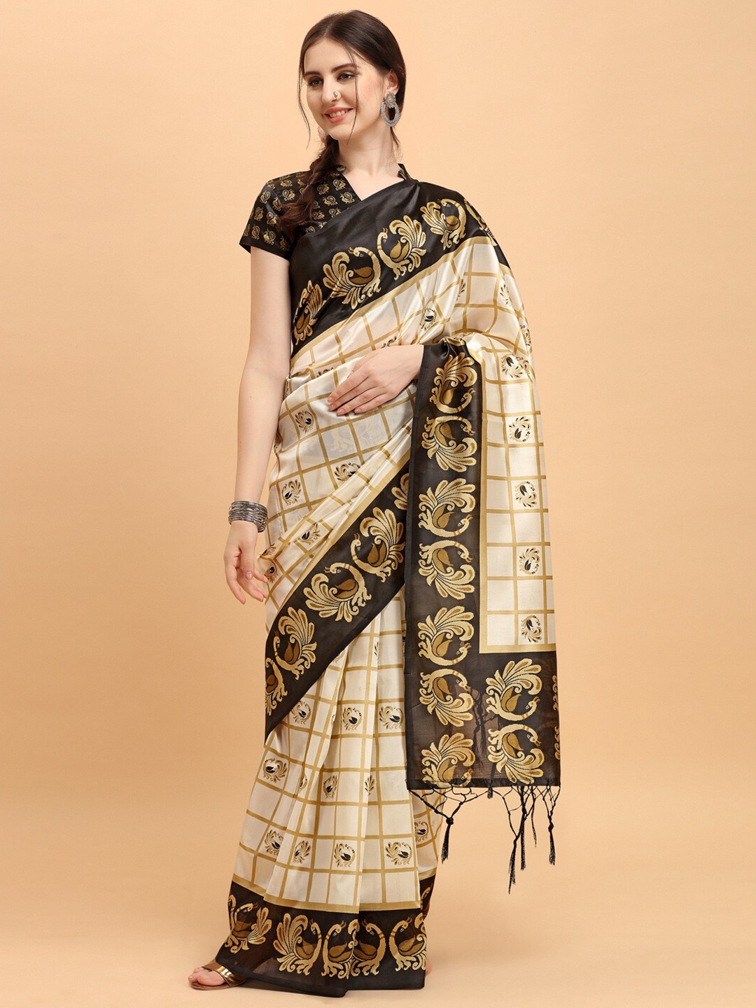 

KALINI White & Black Checked Art Silk Saree