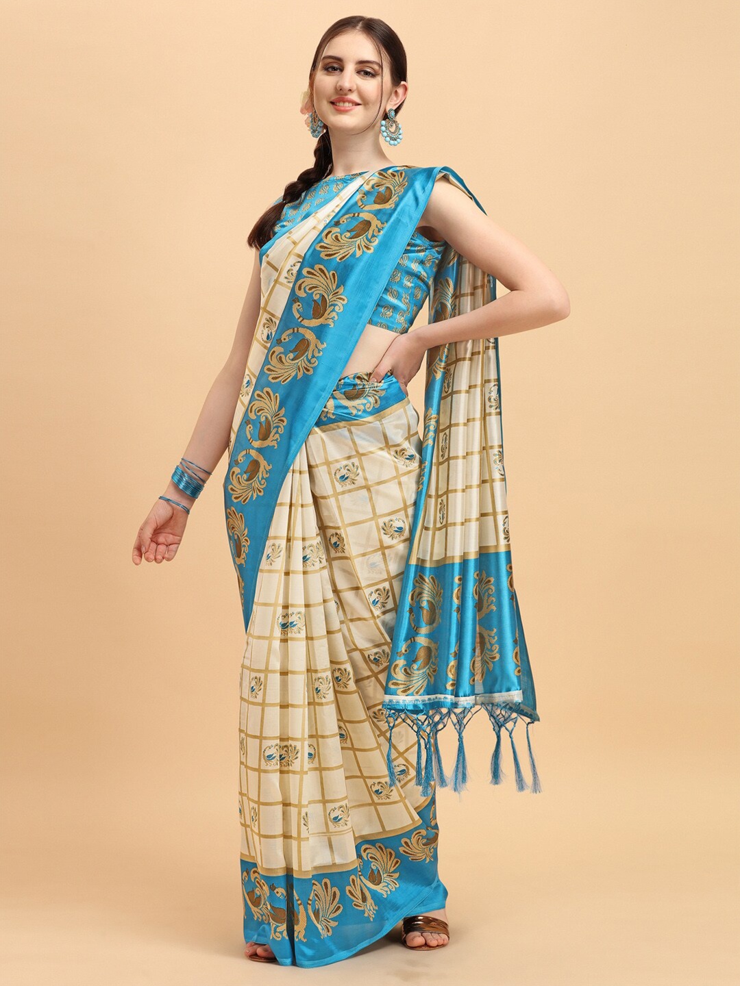 

KALINI Off White & Turquoise Blue Art Silk Saree