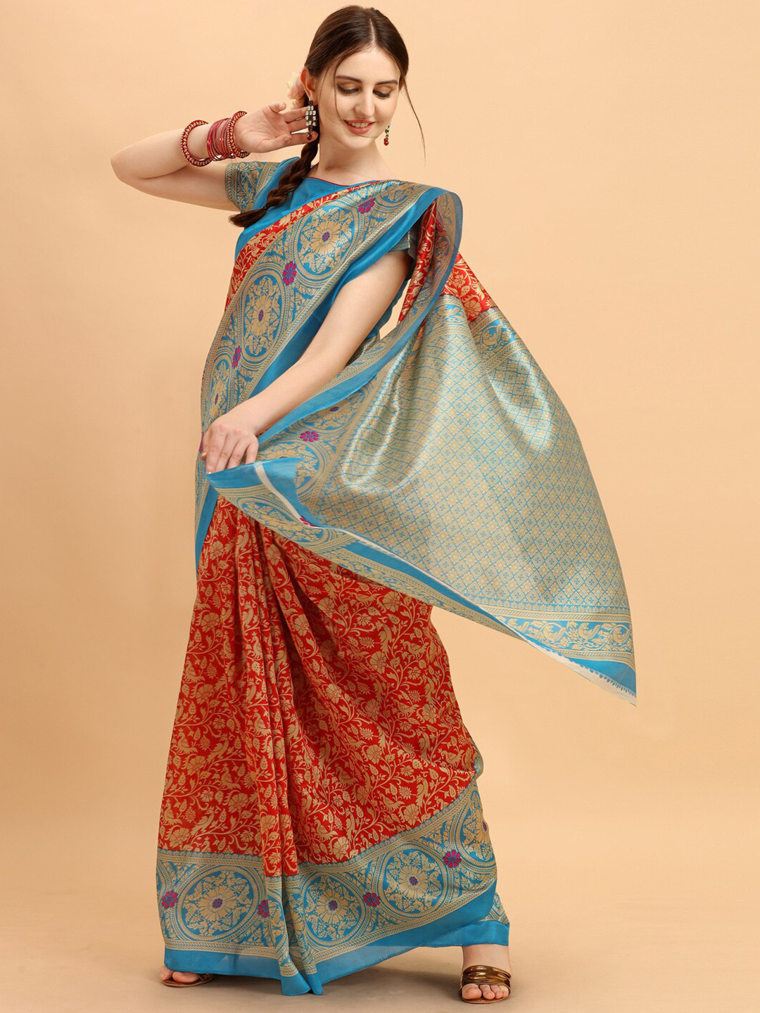 

KALINI Red & Blue Floral Art Silk Saree