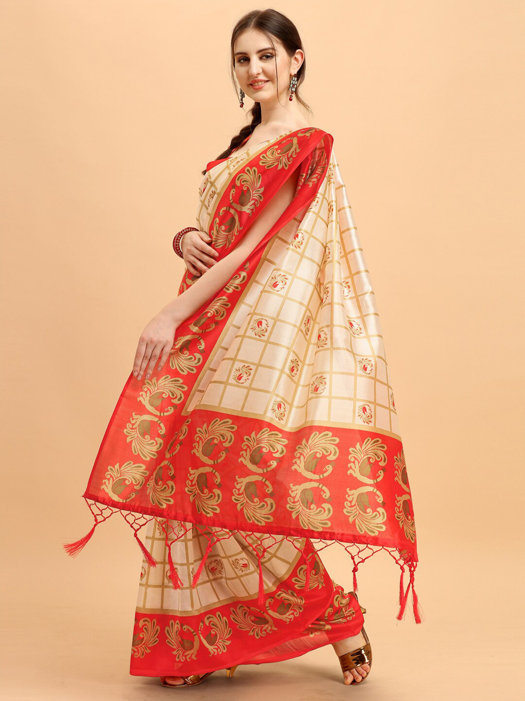 

KALINI Off White & Red Ethnic Motifs Art Silk Saree
