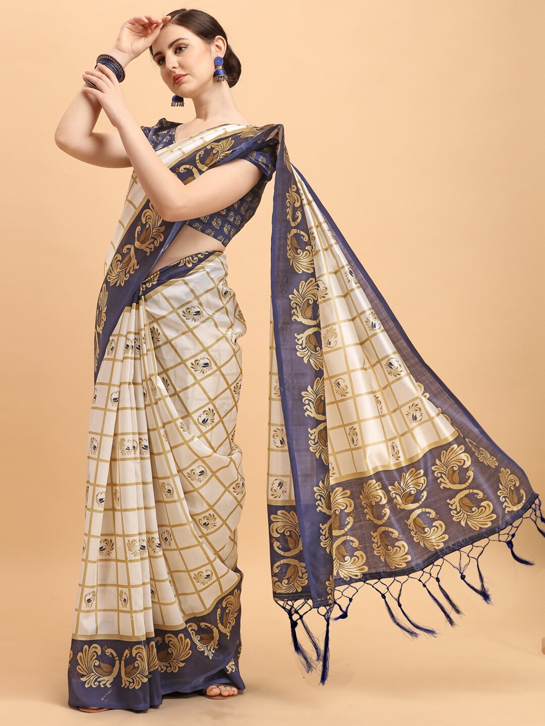 

KALINI White & Navy Blue Ethnic Motifs Printed Art Silk Saree