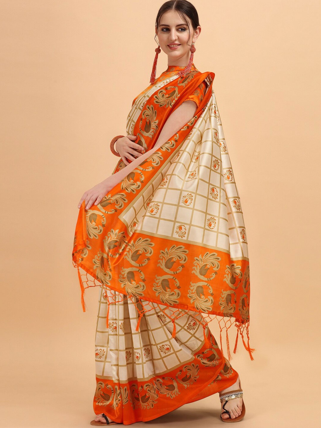 

KALINI Off White & Orange Ethnic Motifs Art Silk Saree