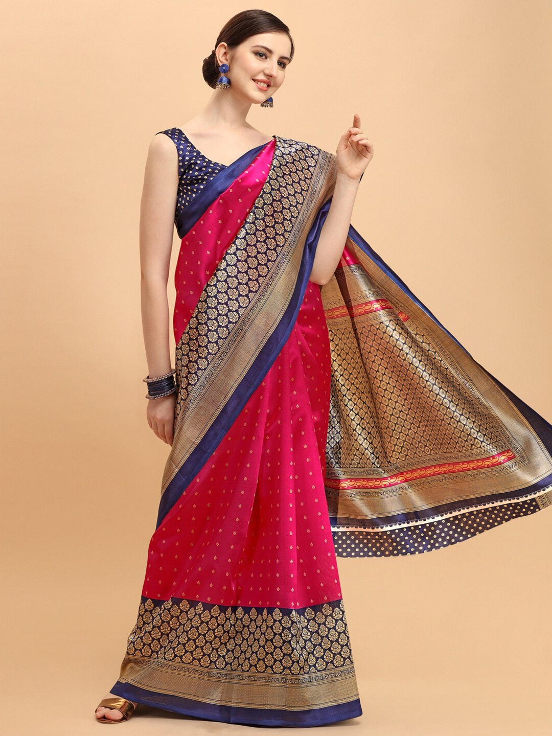 

KALINI Pink & Navy Blue Floral Art Silk Saree