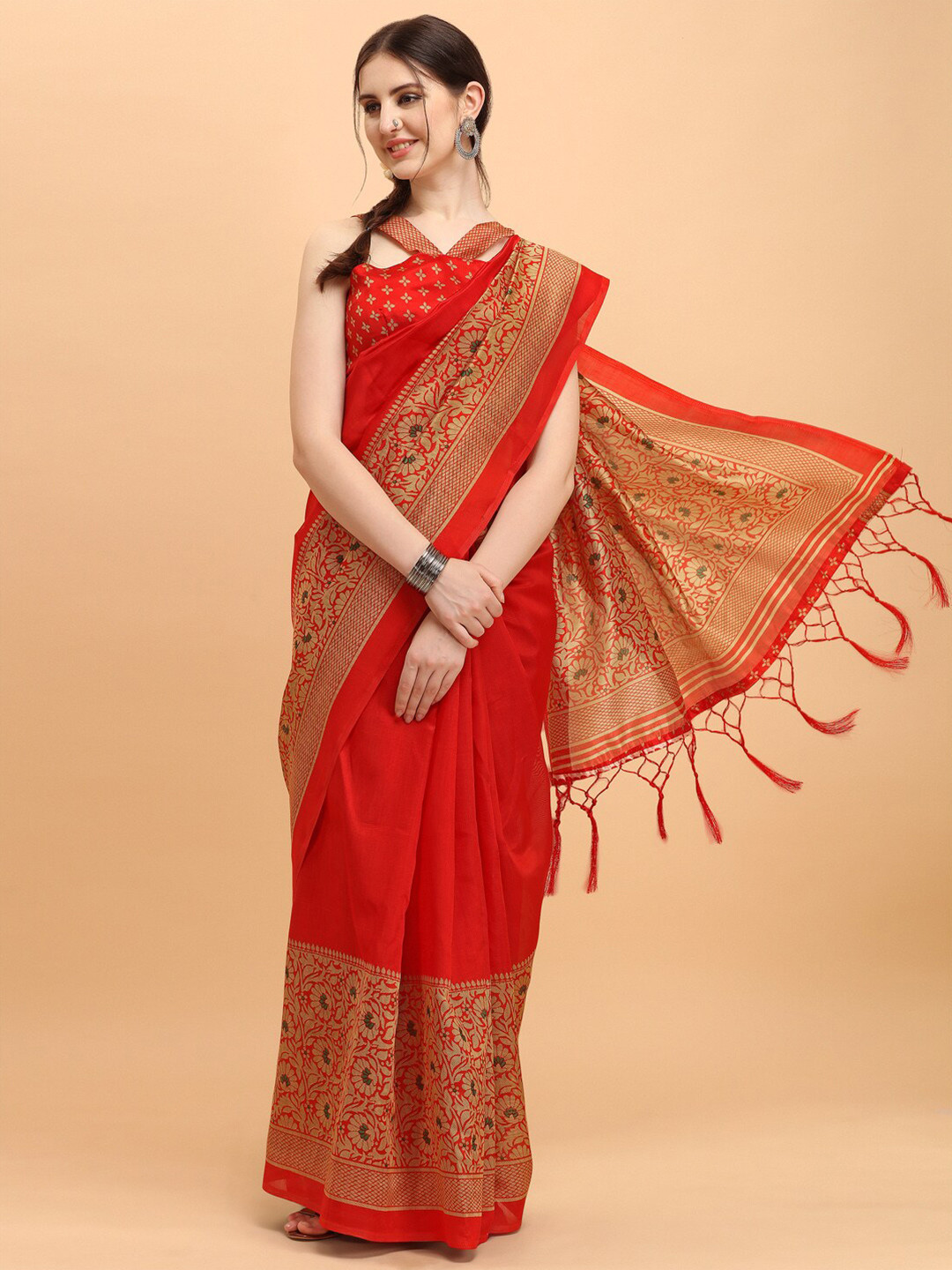 

KALINI Red & Green Floral Art Silk Saree