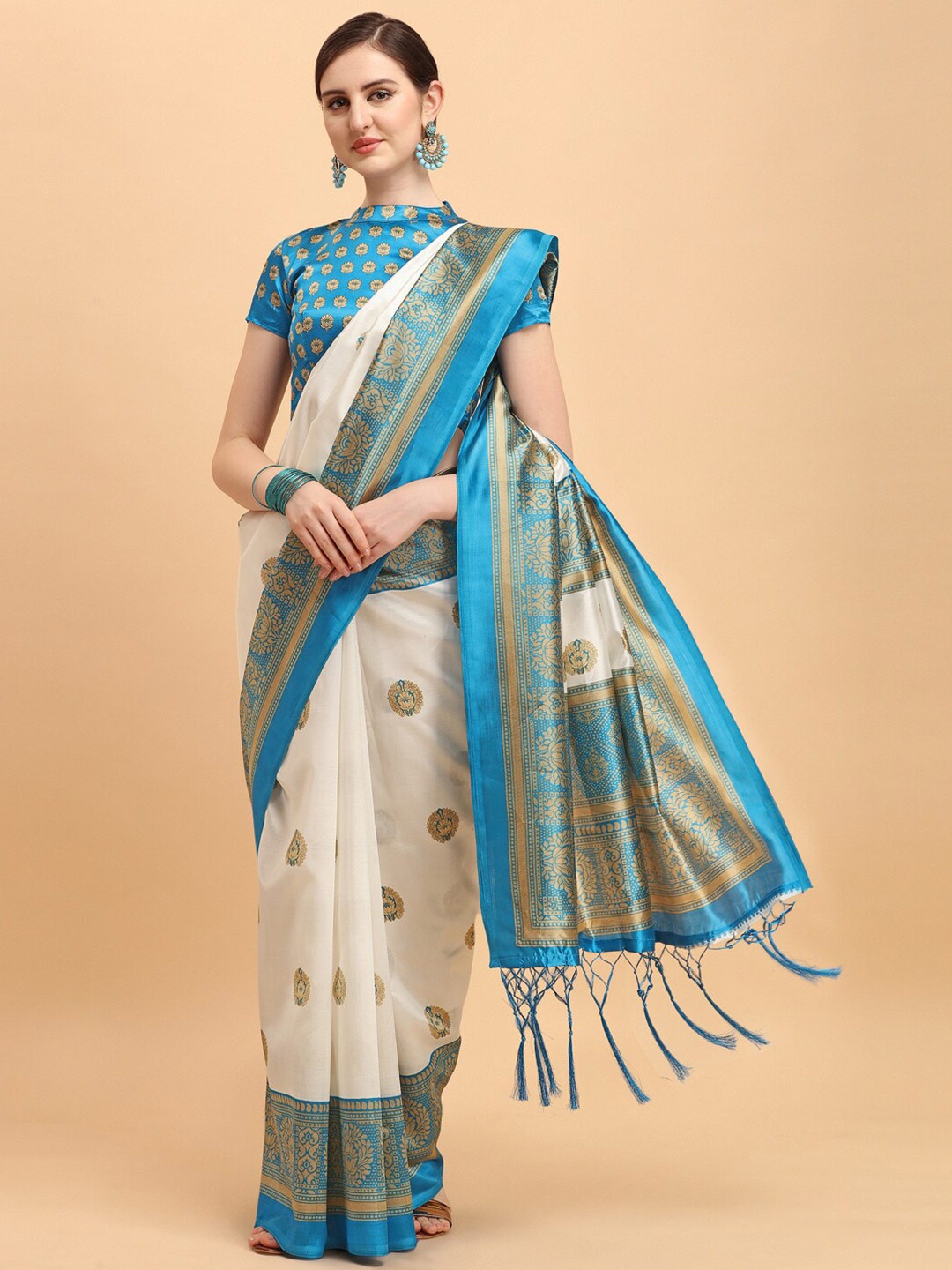 

KALINI White & Blue Ethnic Motifs Art Silk Saree