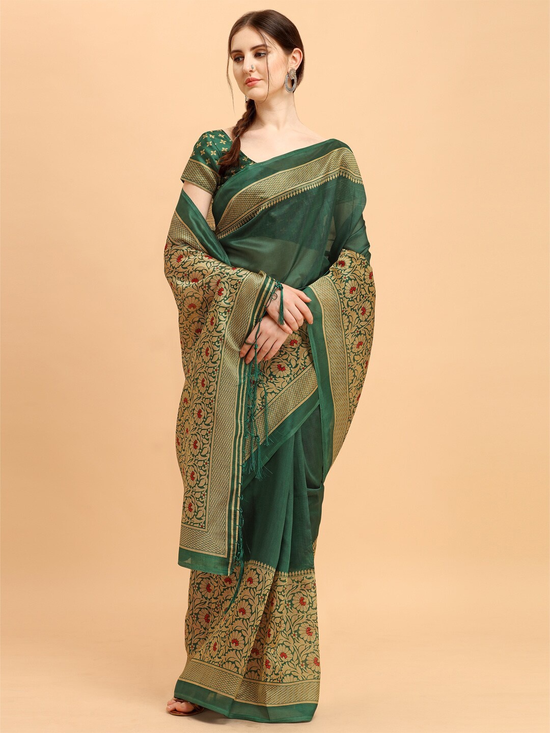 

KALINI Green & Beige Floral Art Silk Saree