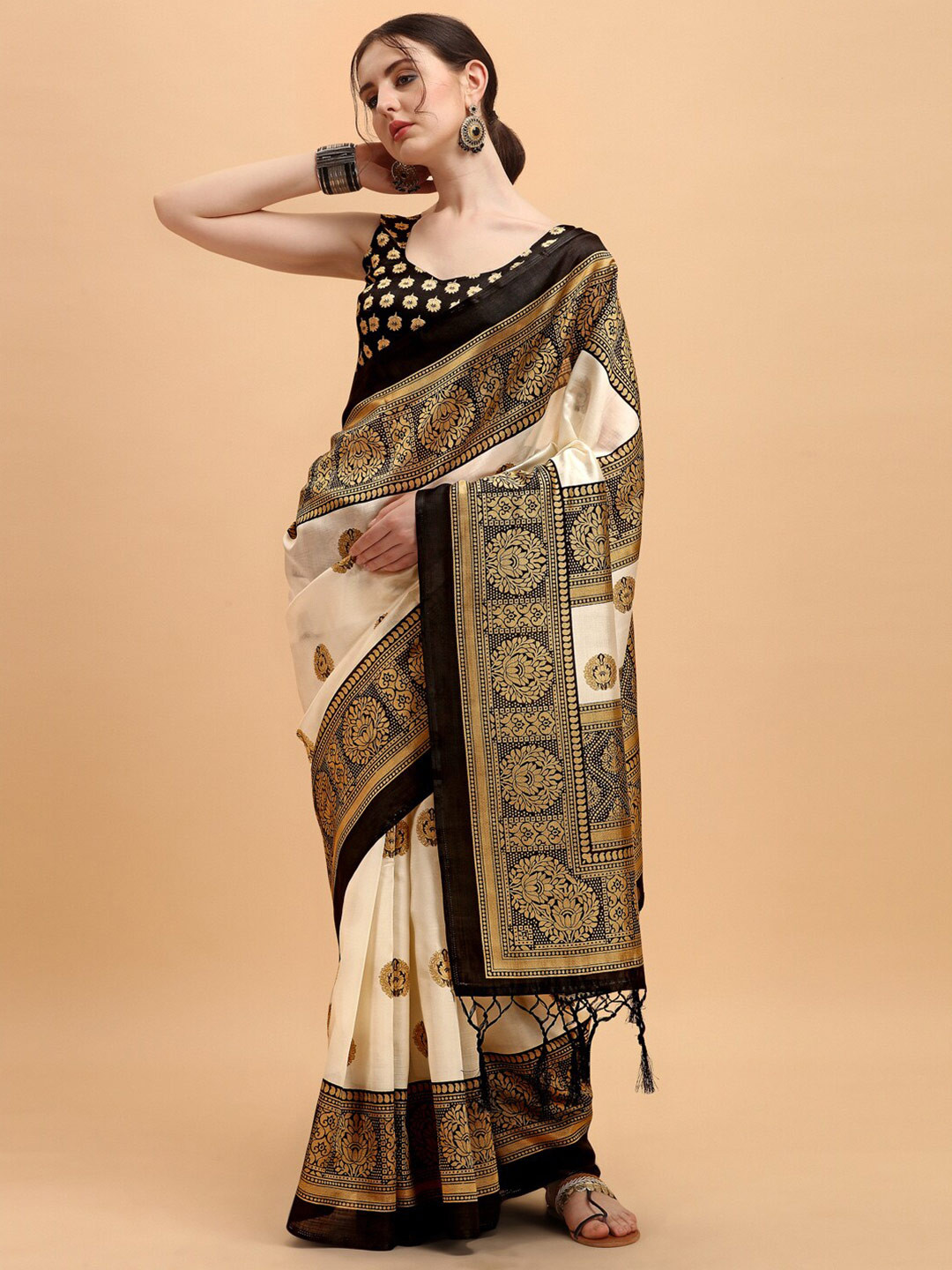 

KALINI White & Black Ethnic Motifs Art Silk Saree