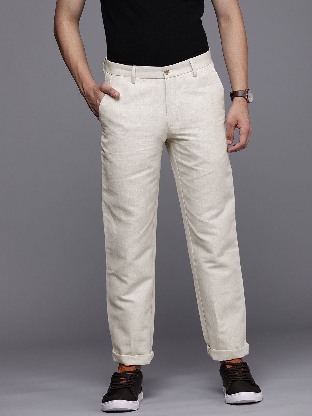 

Louis Philippe Men Cream-Coloured Textured Slim Fit Low-Rise Trousers