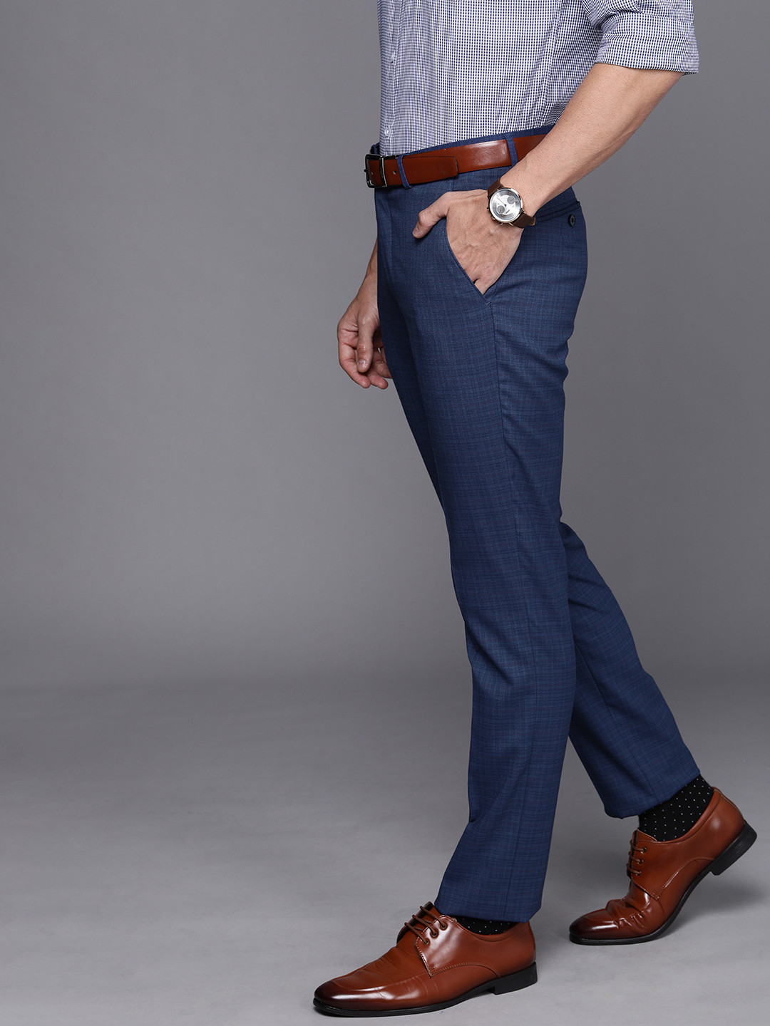 

Louis Philippe Men Navy Blue Checked Slim Fit Formal Trousers