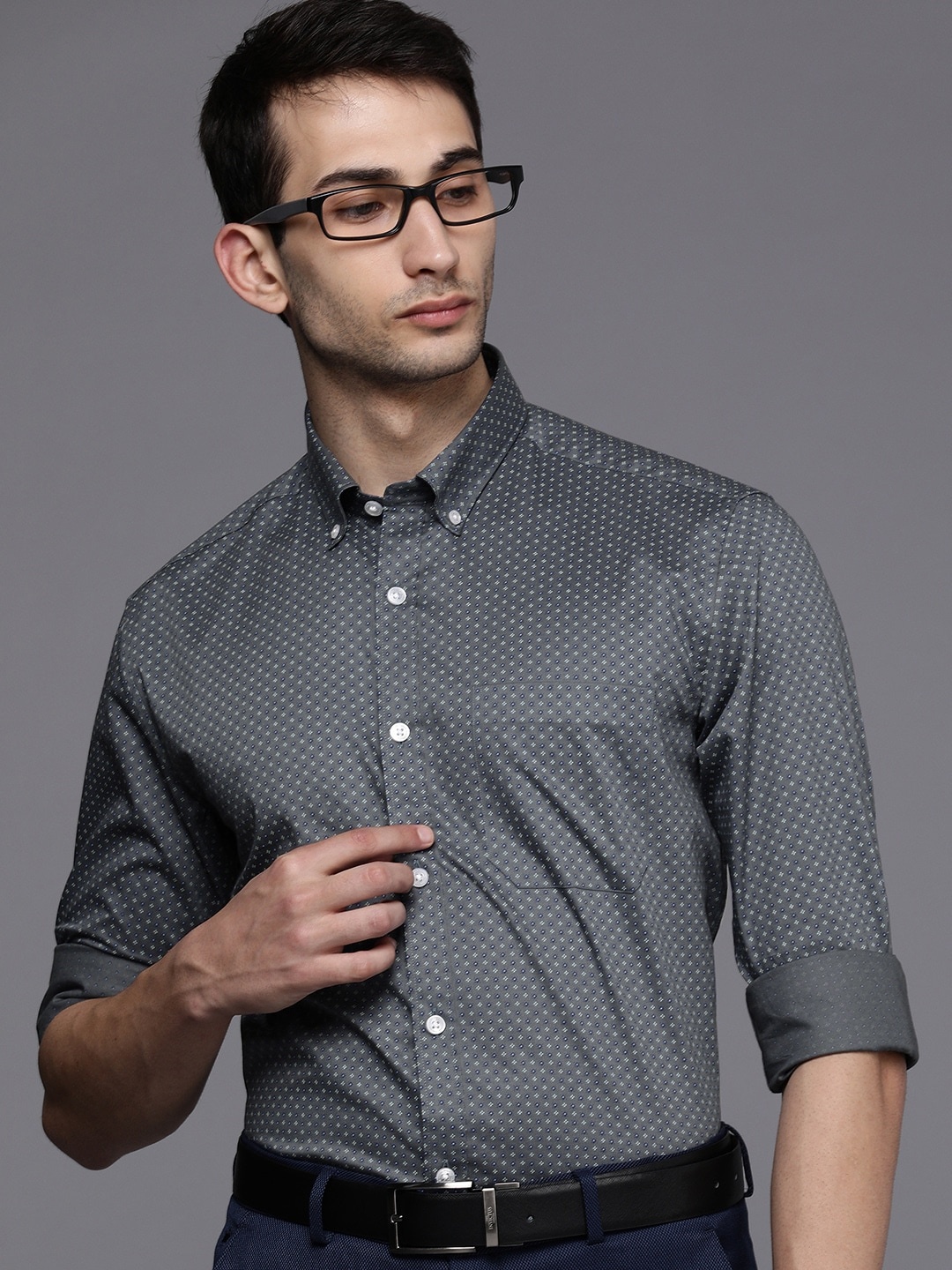 

Louis Philippe Men Grey Slim Fit Opaque Printed Pure Cotton Formal Shirt