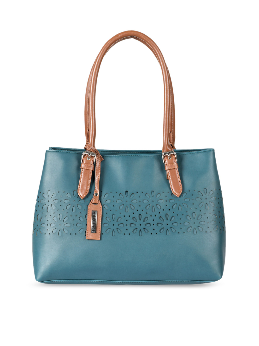 

Toteteca Blue PU Structured Handheld Bag with Cut Work