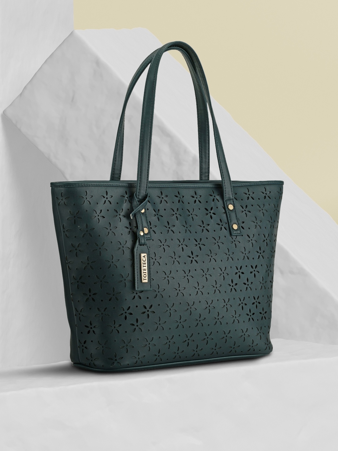 

Toteteca Teal Textured PU Shopper Shoulder Bag with Cut Work