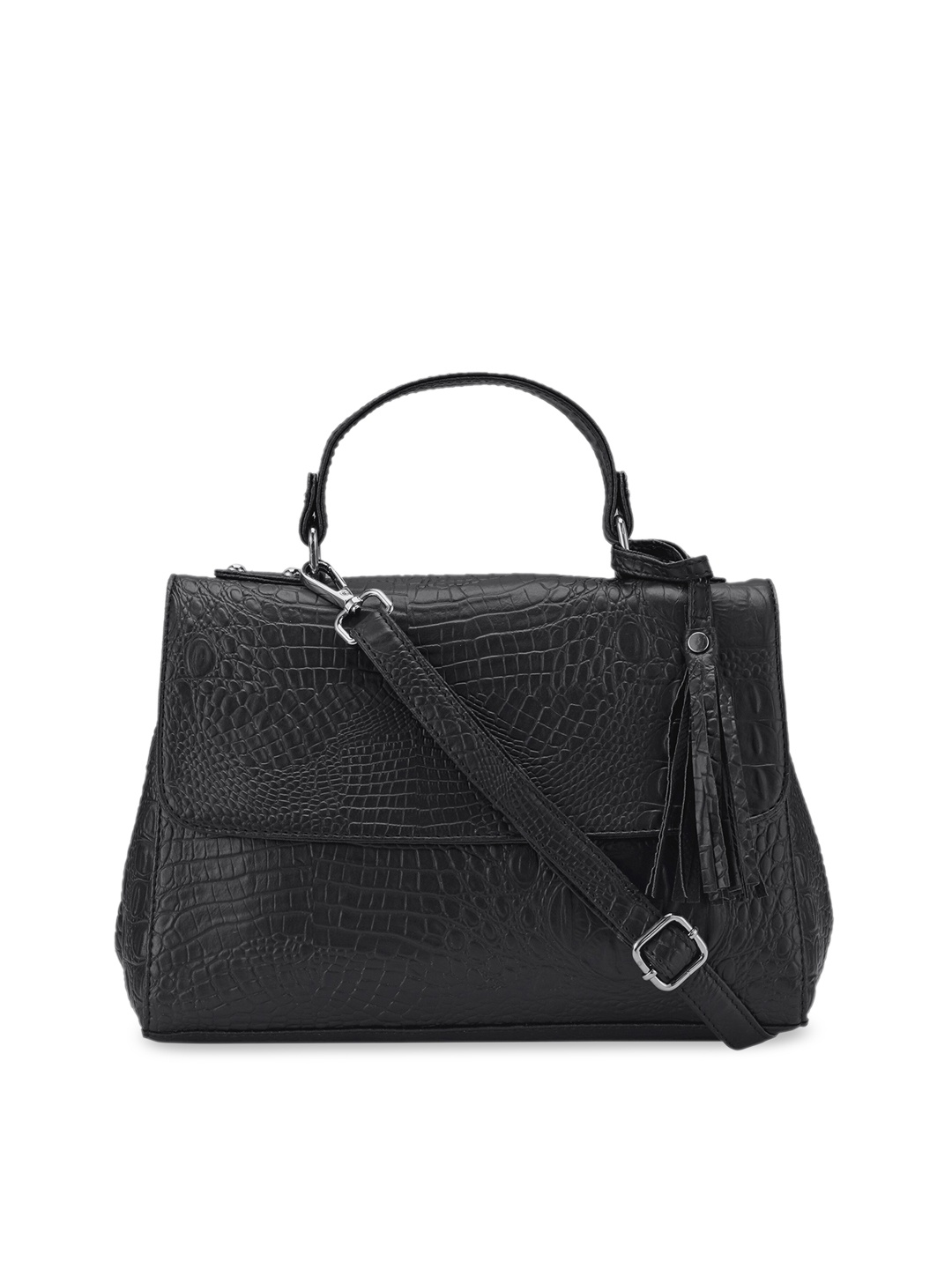 

Toteteca Black Textured PU Structured Satchel with Tasselled