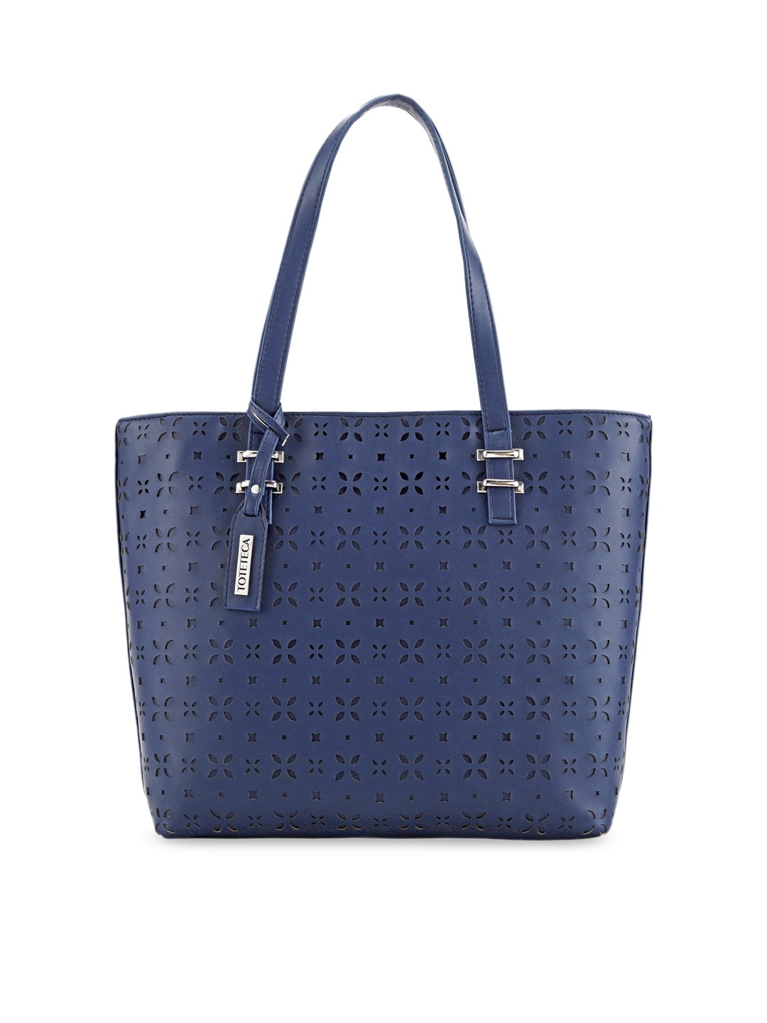 

Toteteca Blue Textured PU Structured Laser Cut Handheld Bag