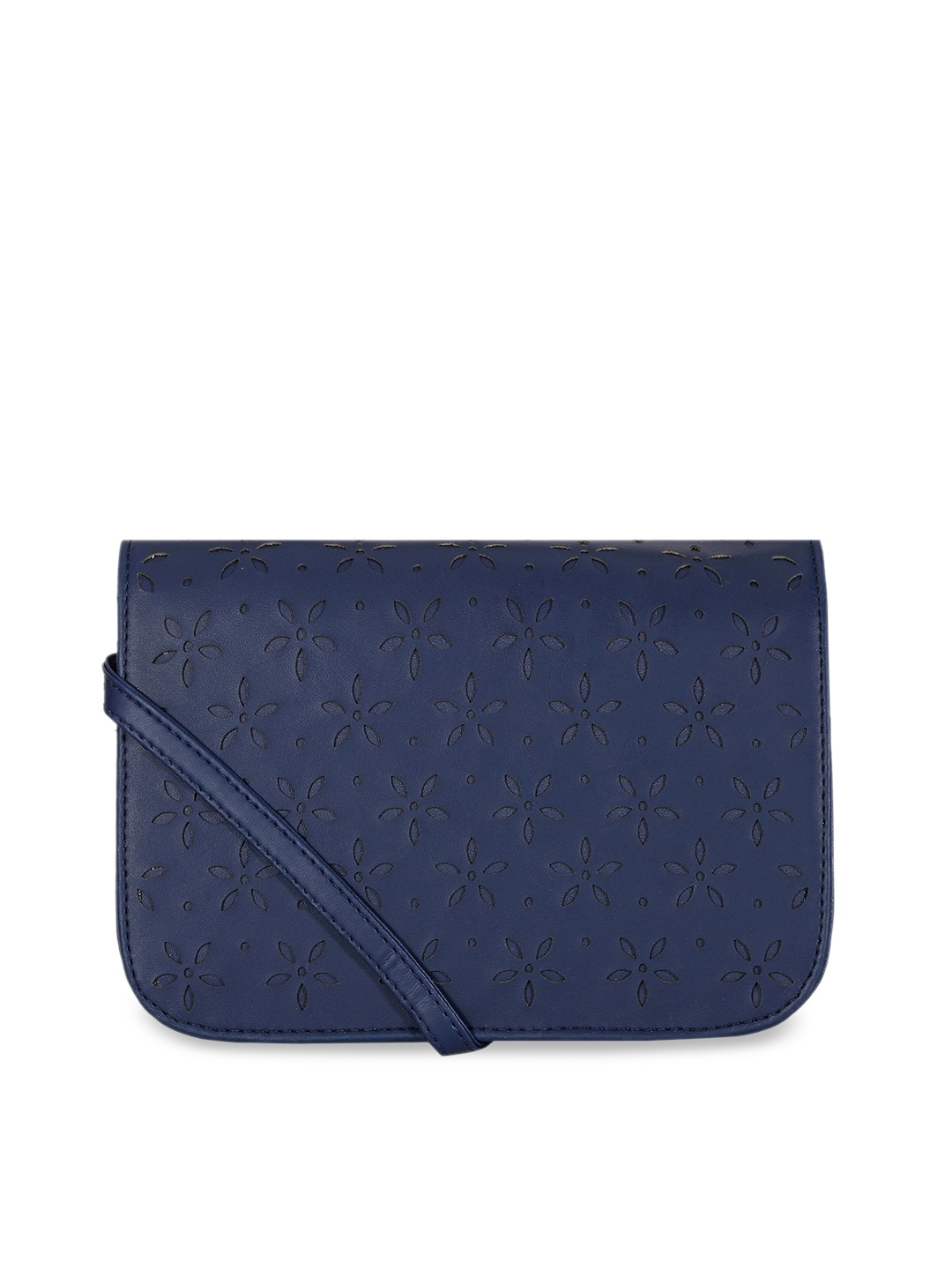 

Toteteca Blue PU Swagger Sling Bag with Cut Work