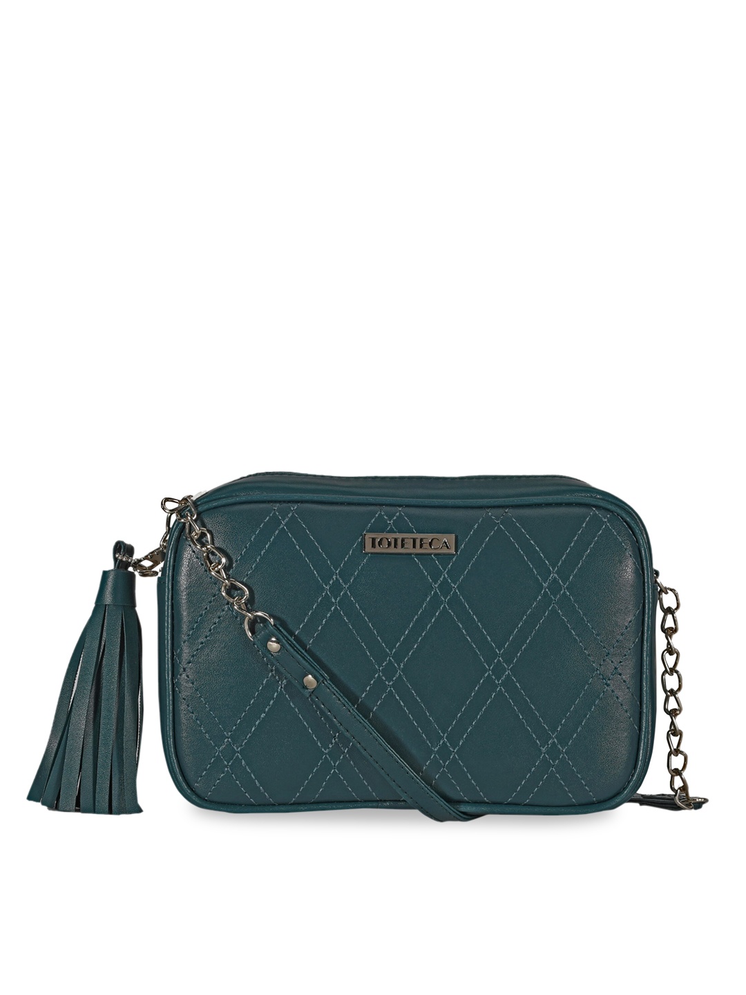 

Toteteca Blue Textured PU Structured Sling Bag with Tasselled