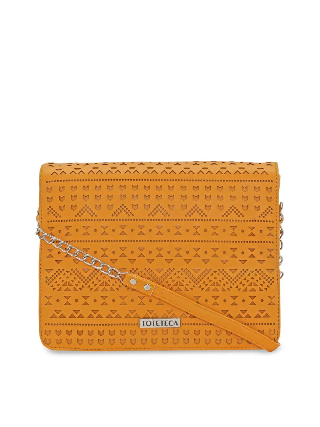 

Toteteca Yellow PU Structured Sling Bag with Laser Cut Work