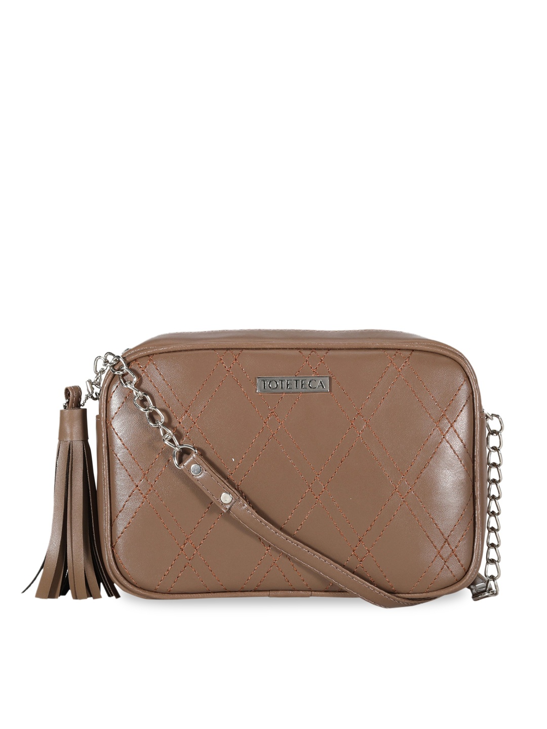 

Toteteca Brown Textured PU Structured Sling Bag with Tasselled