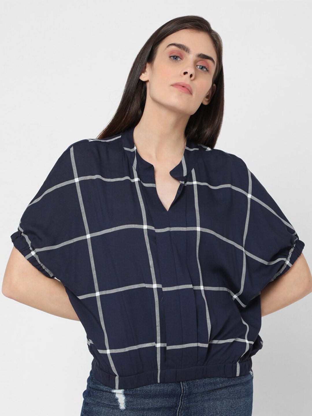 

Vero Moda Blue Checked Mandarin Collar Regular Top