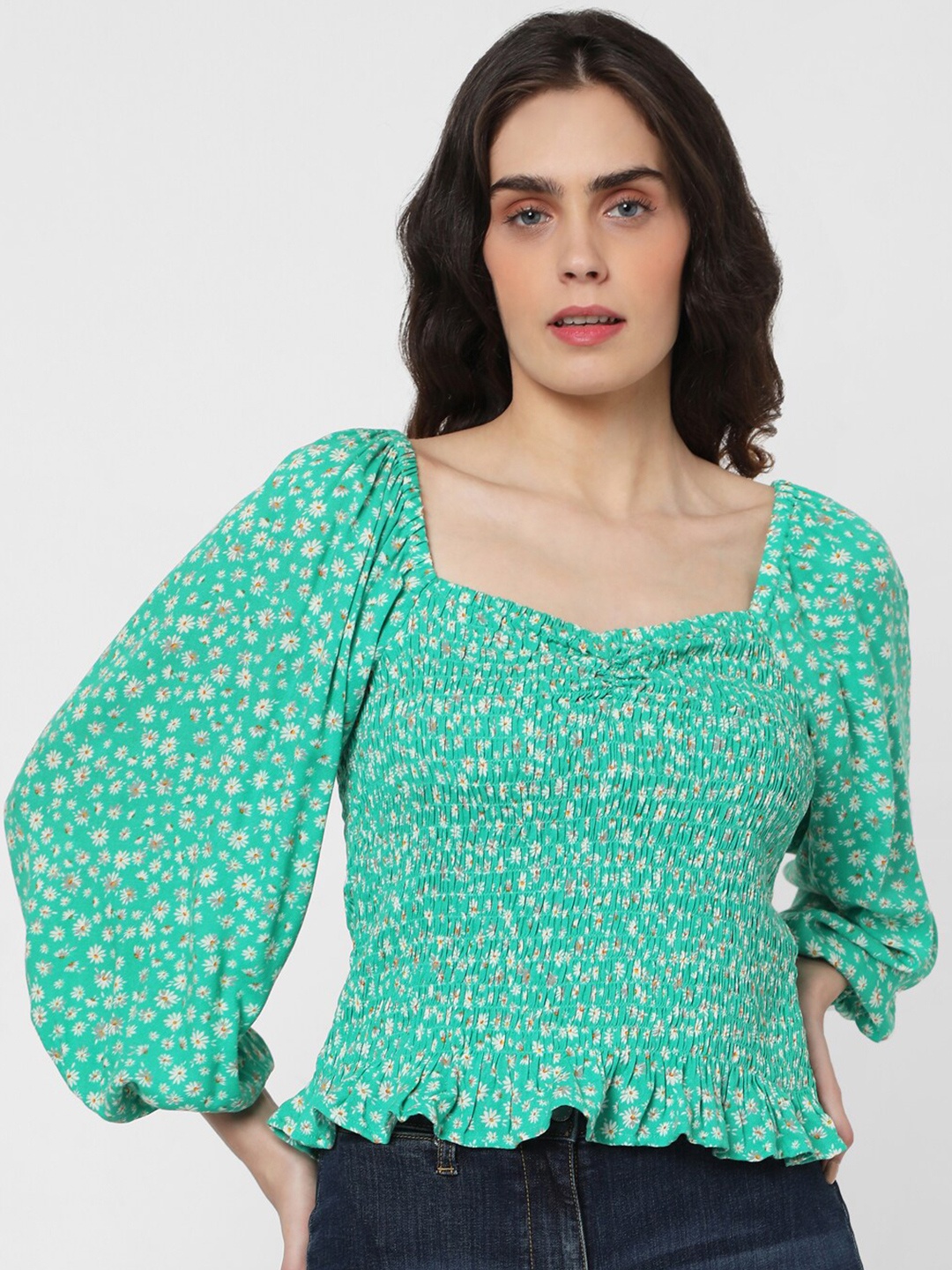 

Vero Moda Green Smocked Floral Printed Regular Top