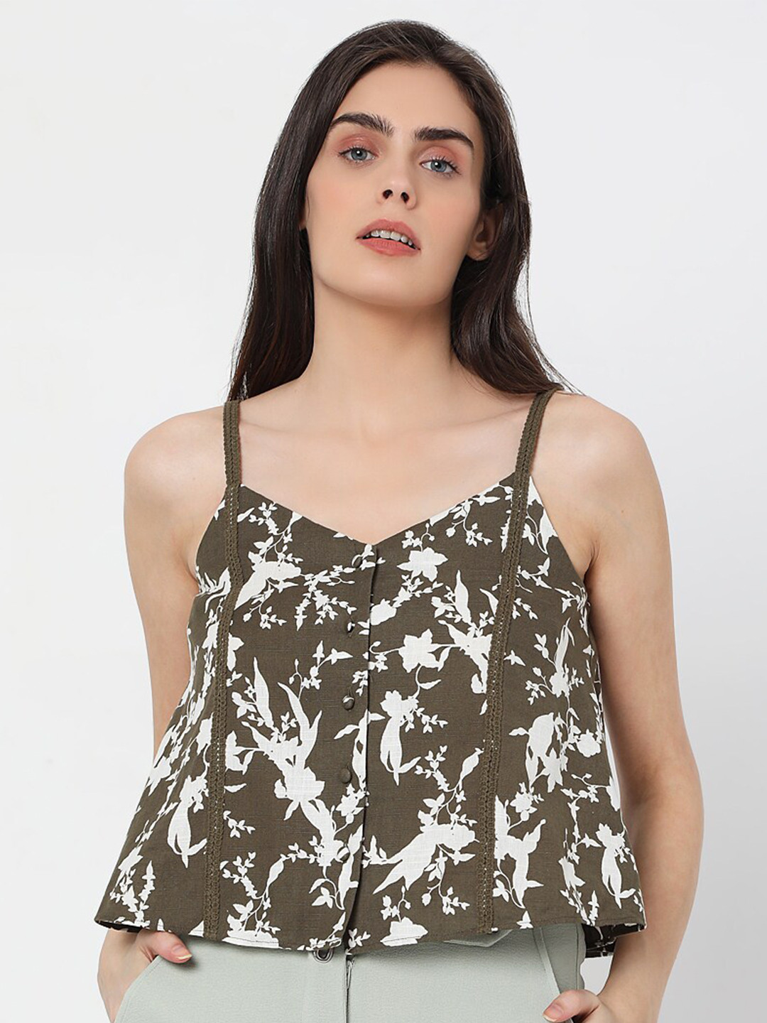 

Vero Moda Olive Green & White Floral Printed A-Line Top