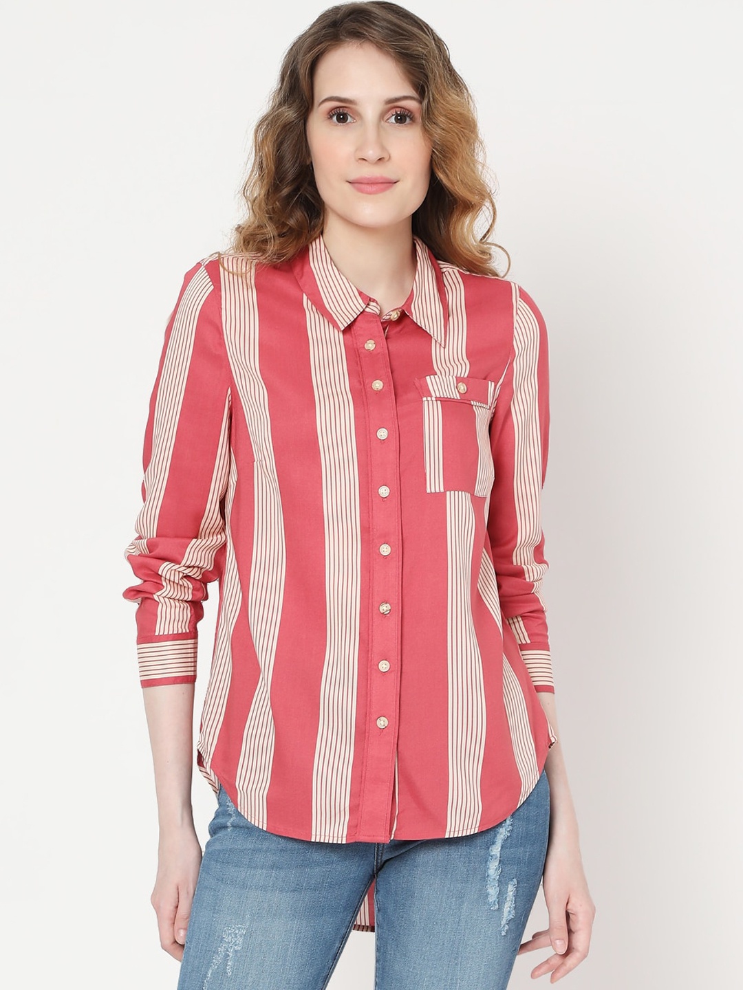 

Vero Moda Women Red Opaque Striped Casual Shirt