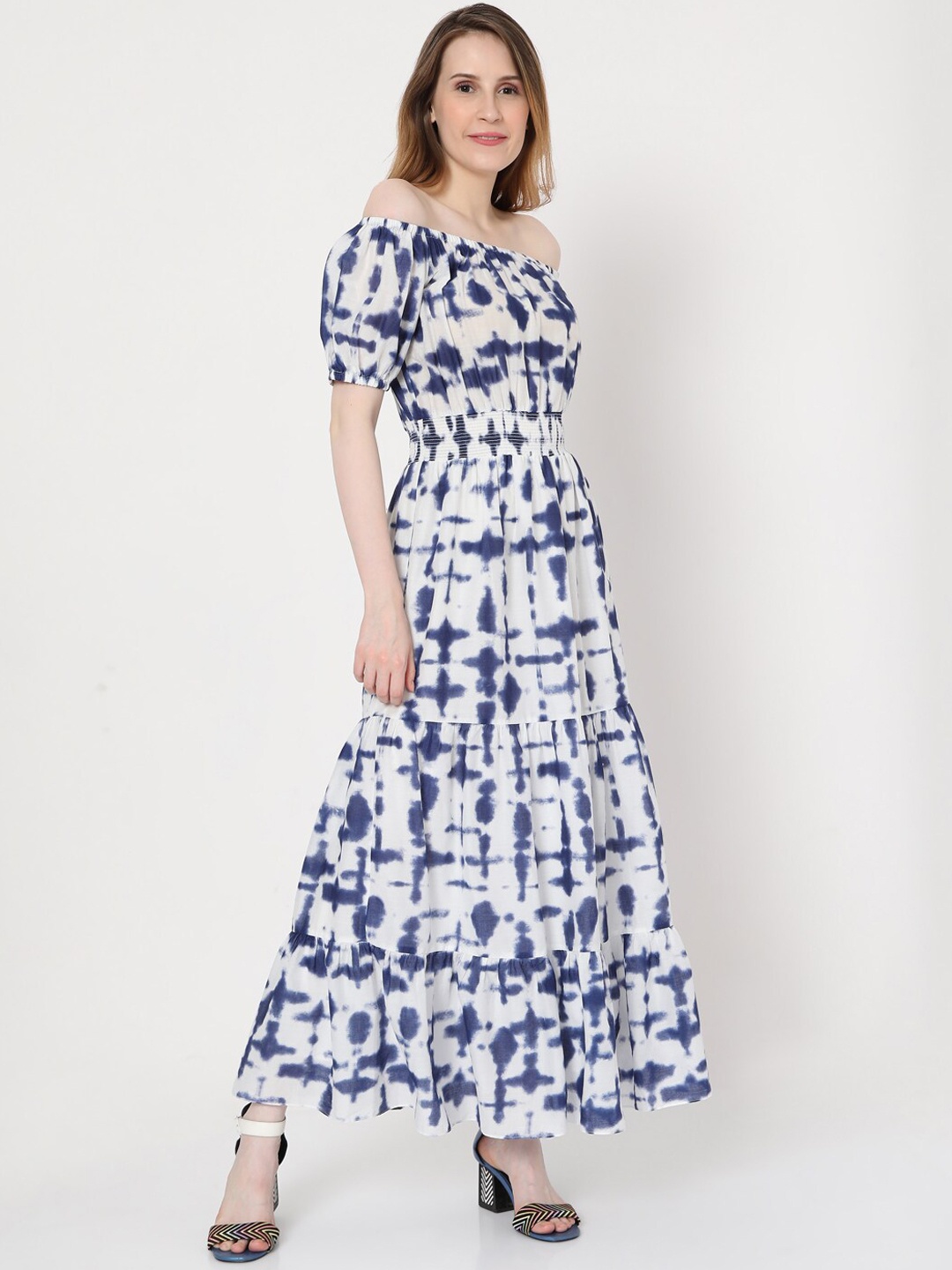 

Vero Moda White and Blue Tie and Dye Off-Shoulder Maxi Dress