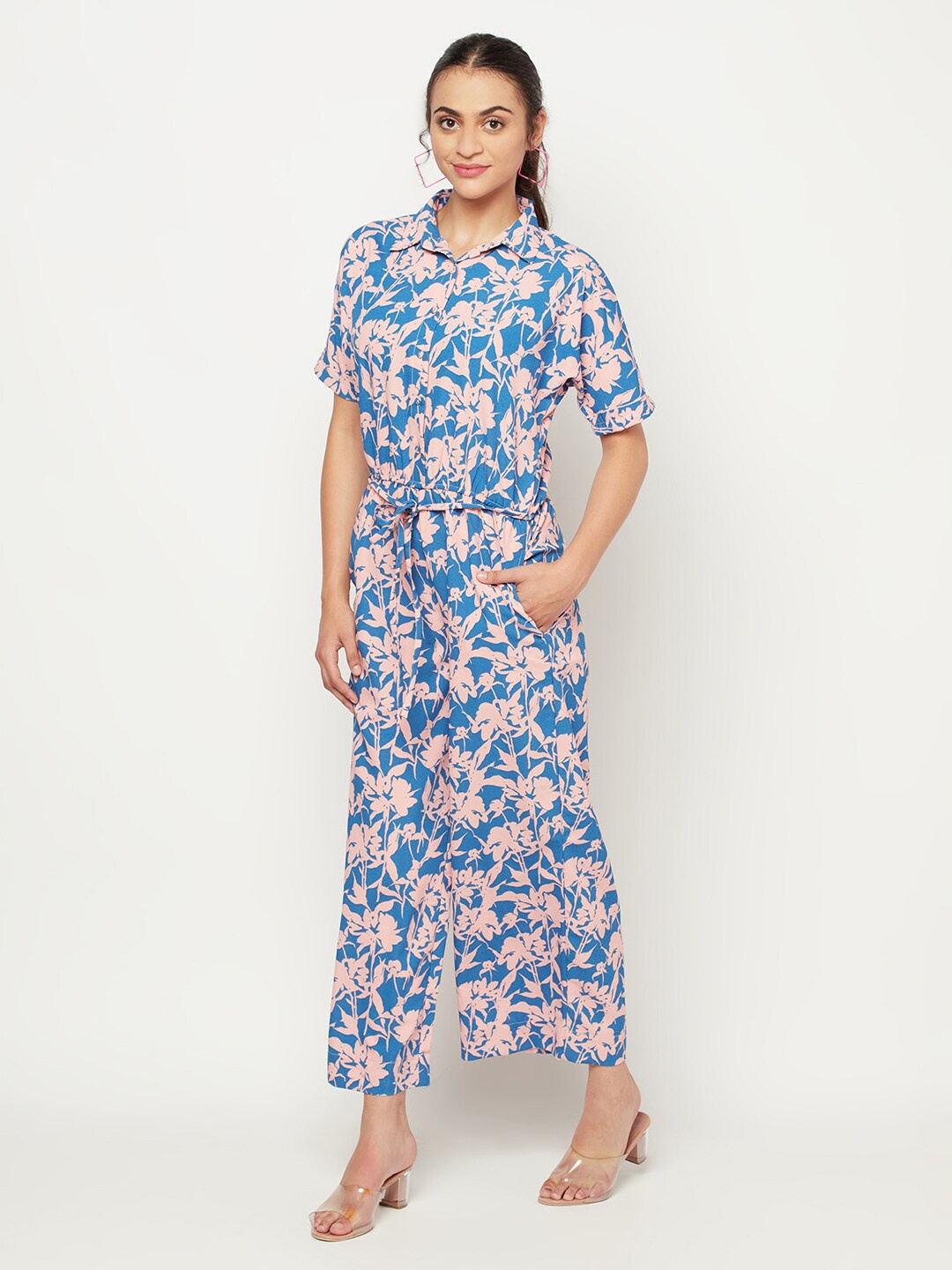 

SQew Blue & Pink Floral Printed Basic Jumpsuit