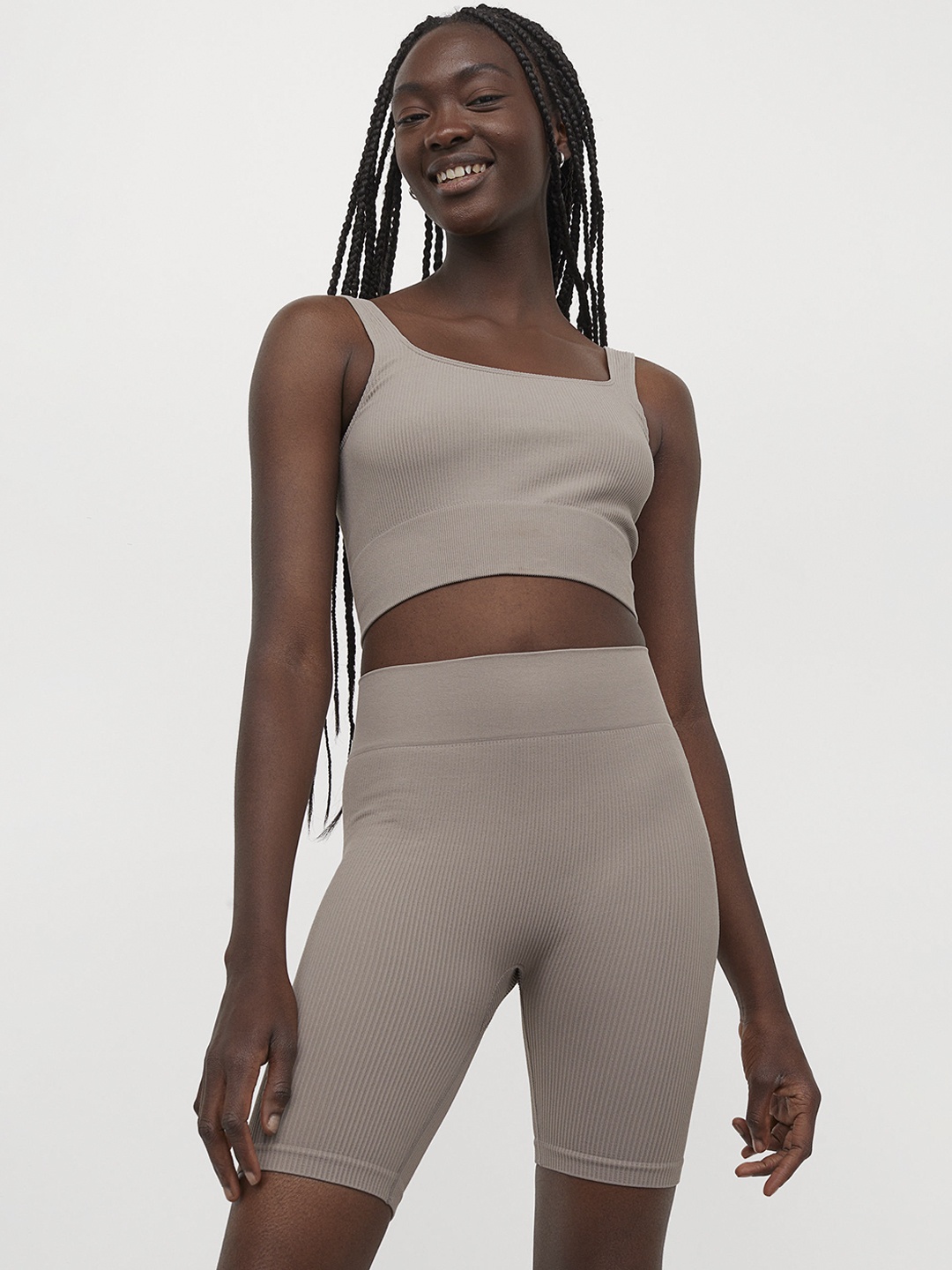 

H&M Women Beige Seamless Ribbed Biker Shorts