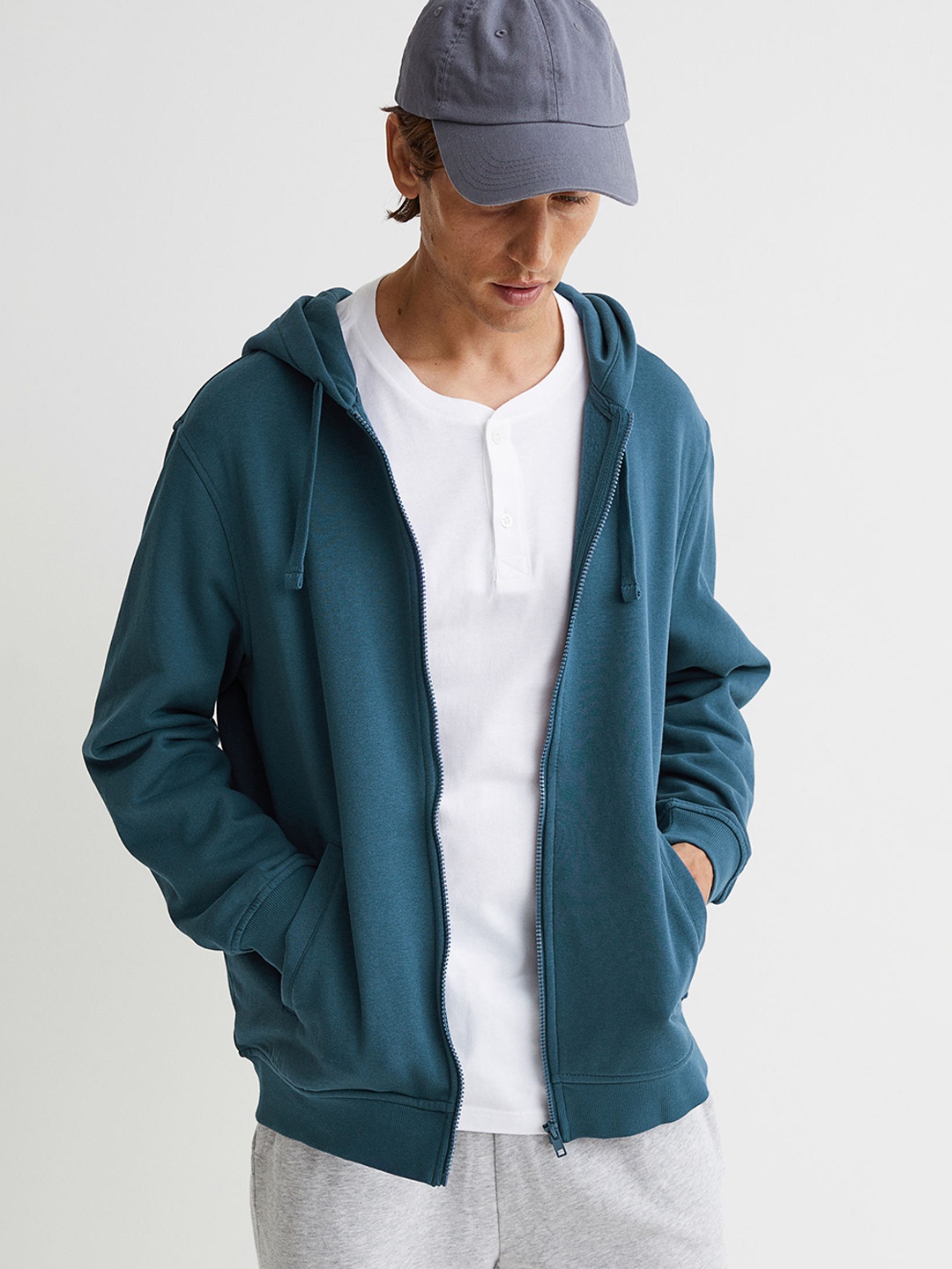

H&M Men Turquoise Blue Relaxed Fit Zip-Through Hoodie