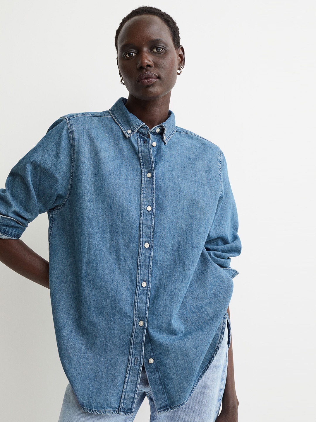 

H&M Women Blue Solid Regular Fit Denim Shirt