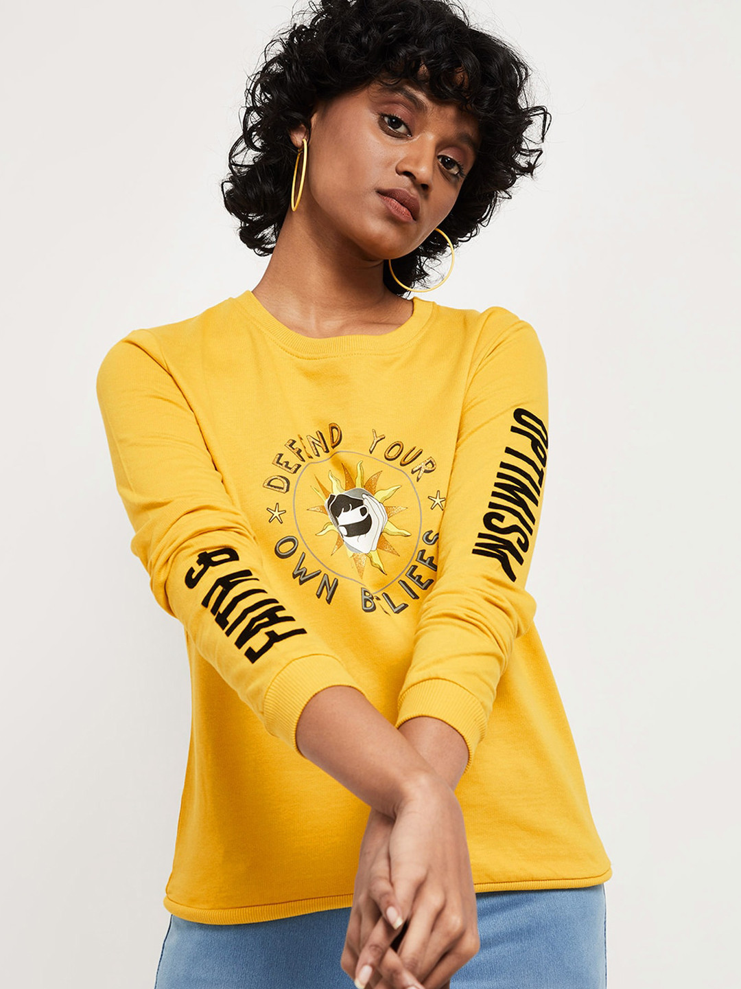 

max Women Mustard Yellow and Black Typography Printed Sweatshirt