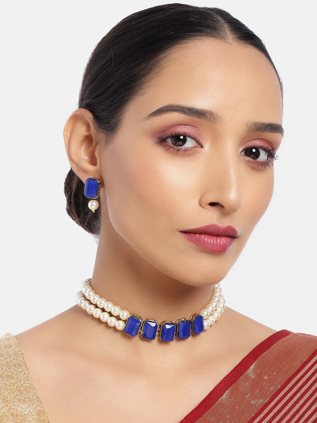 

I Jewels Women Blue & White Gold-Plated Pearl Studded & Beaded Necklace Jewellery Set