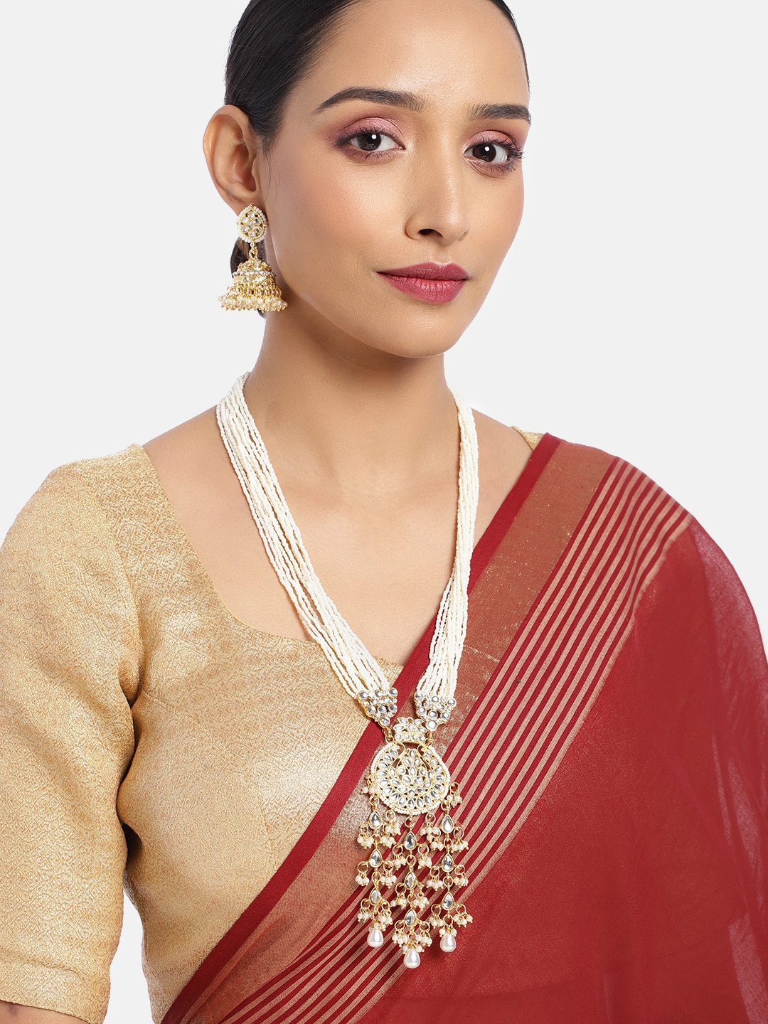 

I Jewels Women Gold-Toned & White Gold-Plated Pearl Studded & Kundan Jewellery Set
