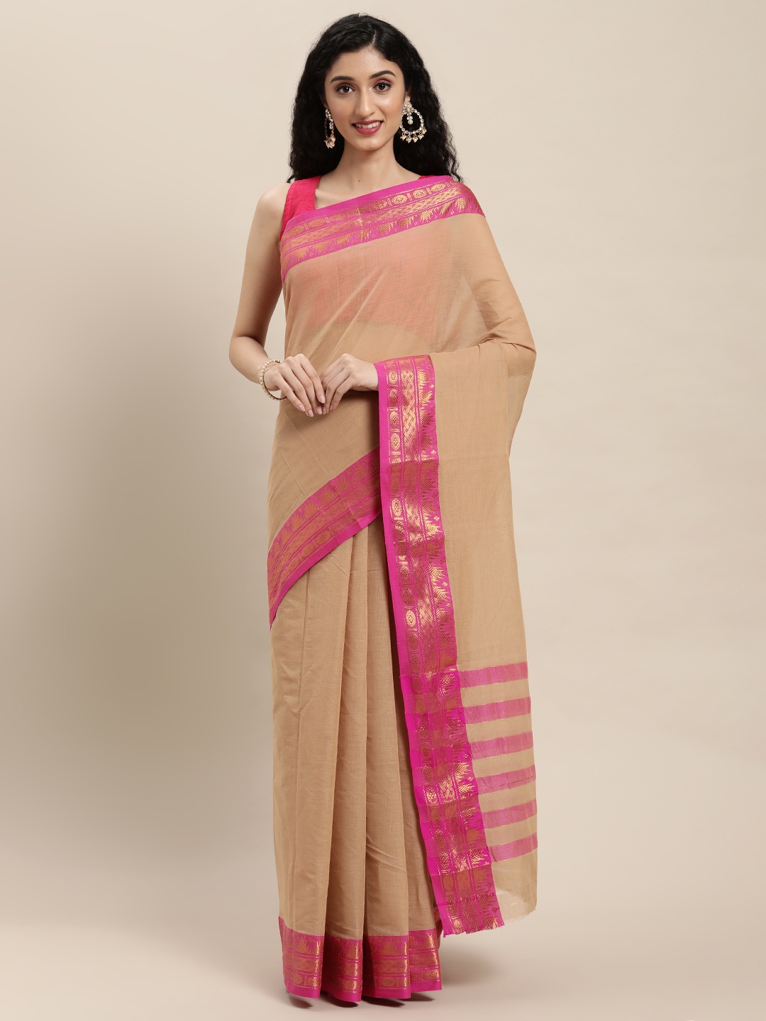 

Pavechas Beige Zari Pure Cotton Venkatgiri Saree