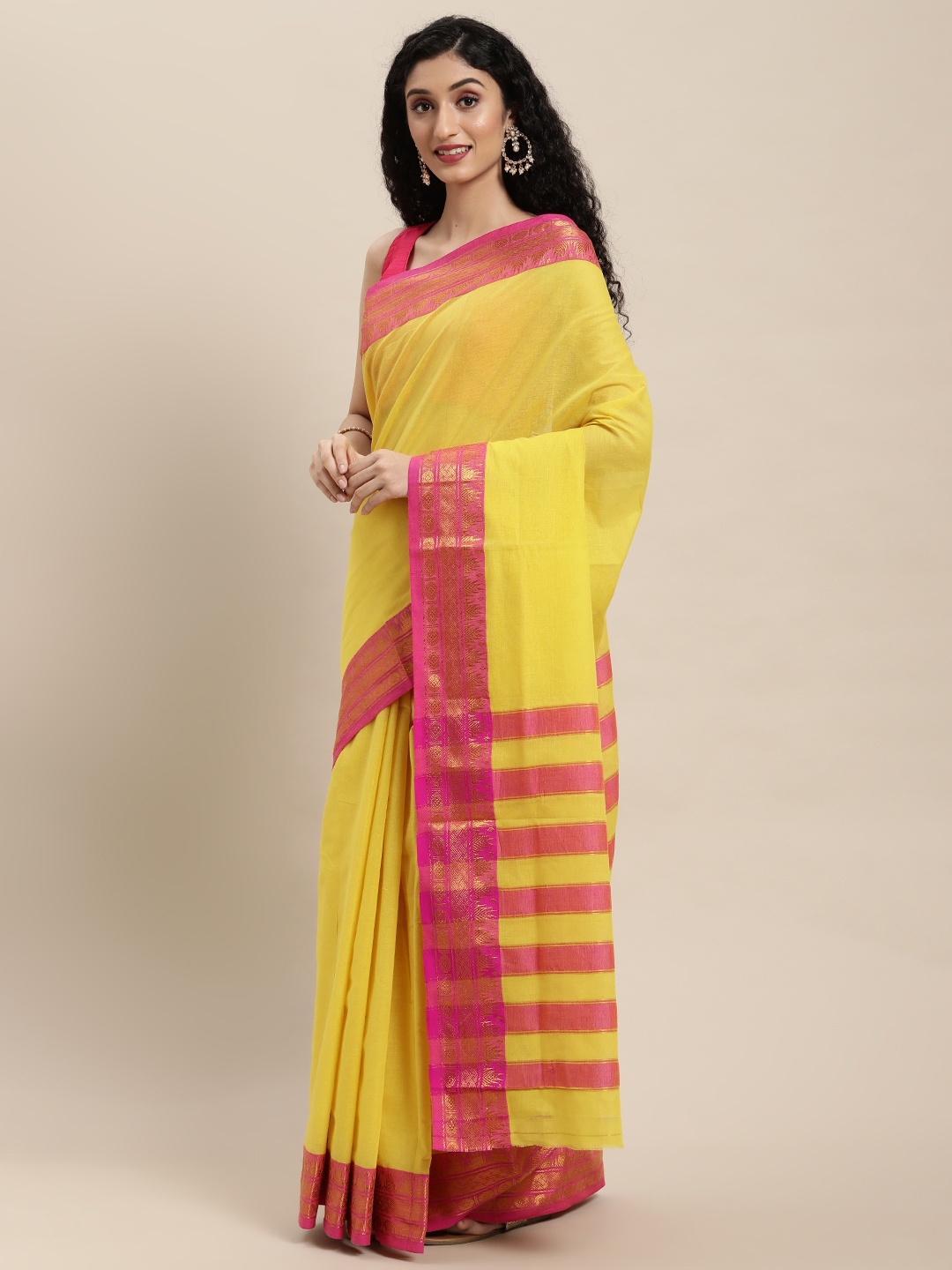 

Pavechas Yellow Zari Pure Cotton Venkatgiri Saree